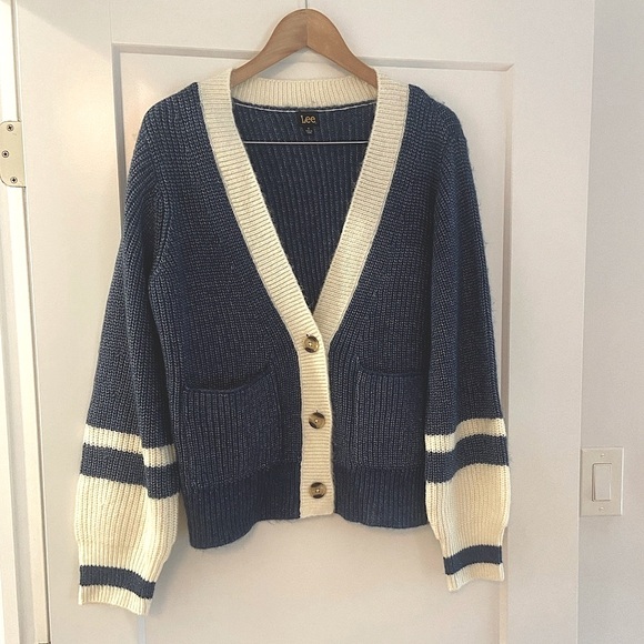Lee Sweaters - Stripe Cardigan Sweater Long Sleeve Navy/Cream Medium RARE